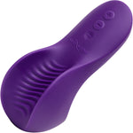 A purple personal massager by We-Vibe, featuring a curved ergonomic design with a textured inner groove, three control buttons on the top, and the 'we vibe' logo embossed on the side, set against a plain white background.