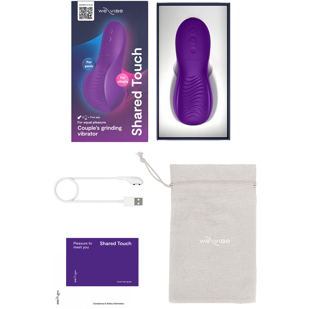 We-Vibe Purple Shared Touch couple's grinding vibrator set shown with its retail box, the purple vibrator itself, a white USB charging cable, a purple card, and a light beige drawstring pouch on a white background.