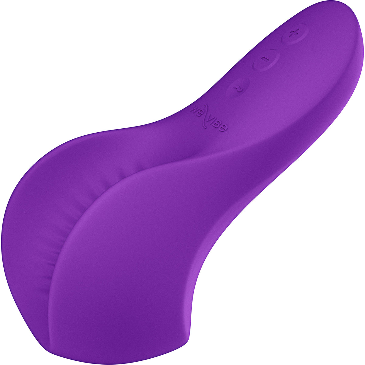 A purple silicone dual-stimulation vibrator with a curved, ergonomic design, featuring a textured surface, soft edges, and three control buttons on the top surface. The brand name 'We-Vibe' is debossed on the product.