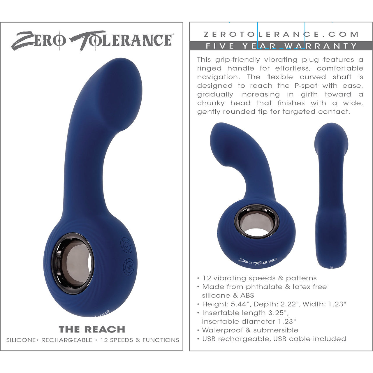 Zero Tolerance The Reach Rechargeable Waterproof Silicone G-Spot & P-Spot Vibrator With Ring Handle