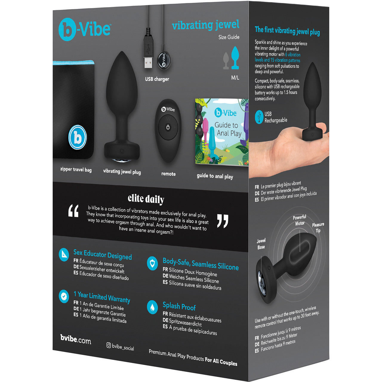 b-Vibe Vibrating Jewel Plug M/L Remote Control Silicone Anal Toy - Black