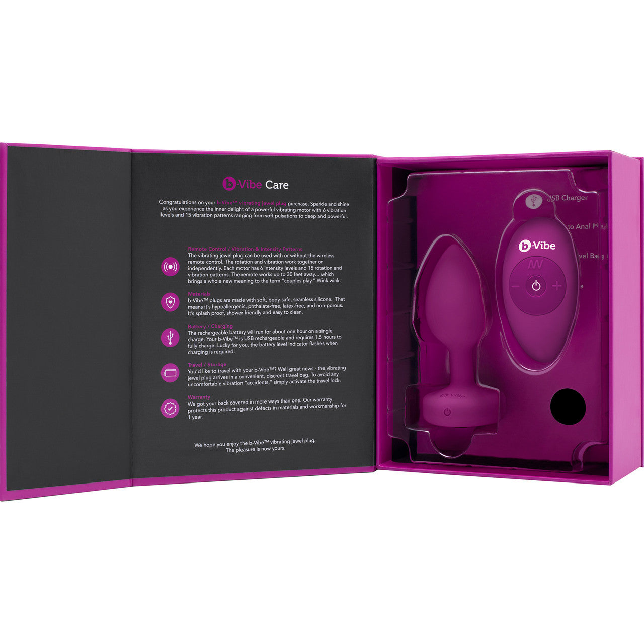 b-Vibe Vibrating Jewel Plug S/M Remote Control Silicone Anal Toy - Fuschia