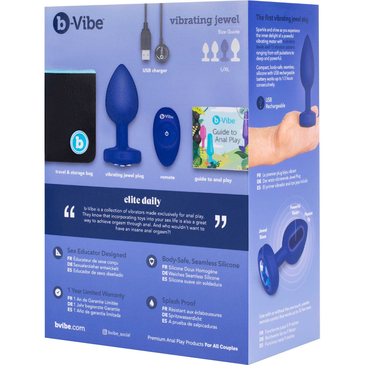 b-Vibe Vibrating Jewel Plug L/XL Remote Control Silicone Anal Toy - Navy