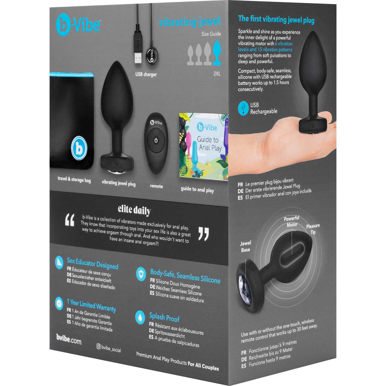 b-Vibe Vibrating Jewel Plug XXL Remote Control Silicone Anal Toy - Black