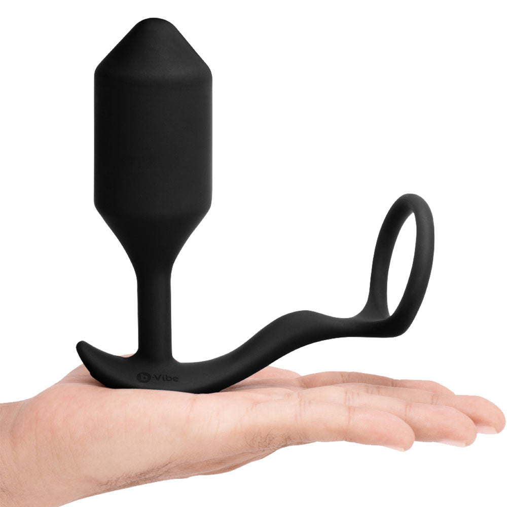 b-Vibe Vibrating Snug & Tug Weighted Silicone Plug & Penis-Ring - X-Large