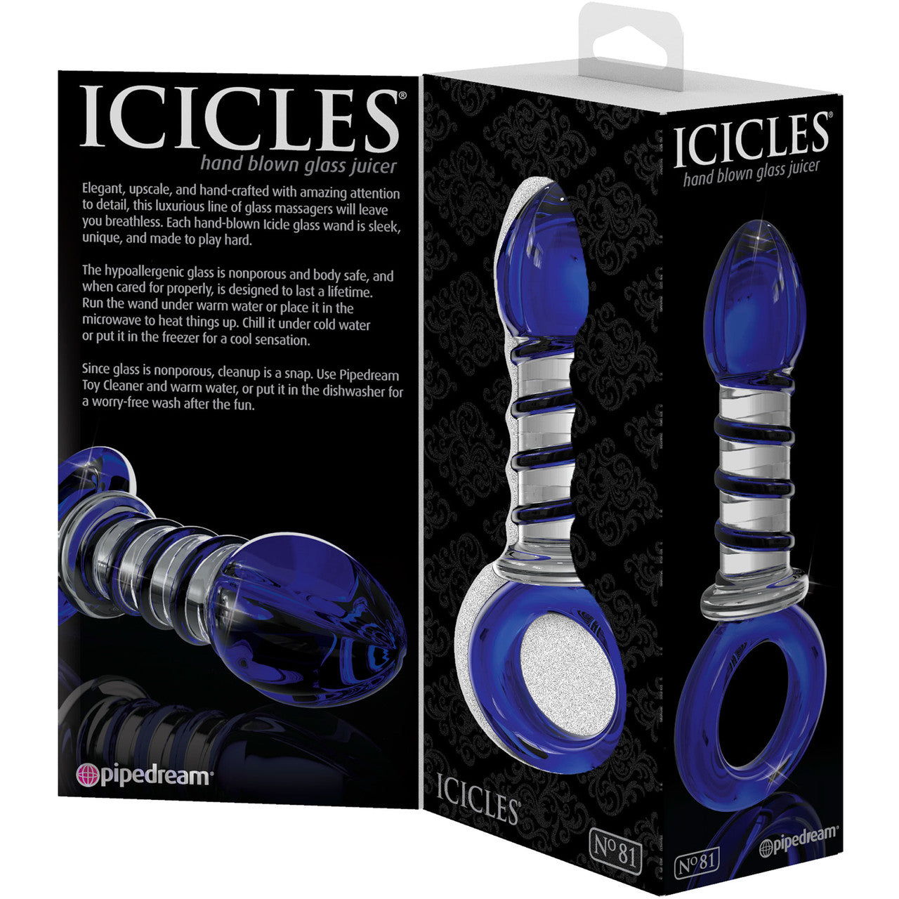 Icicles No. 81 Glass Anal Plug With Blue & Black Accents And Ring Pull Handle Base