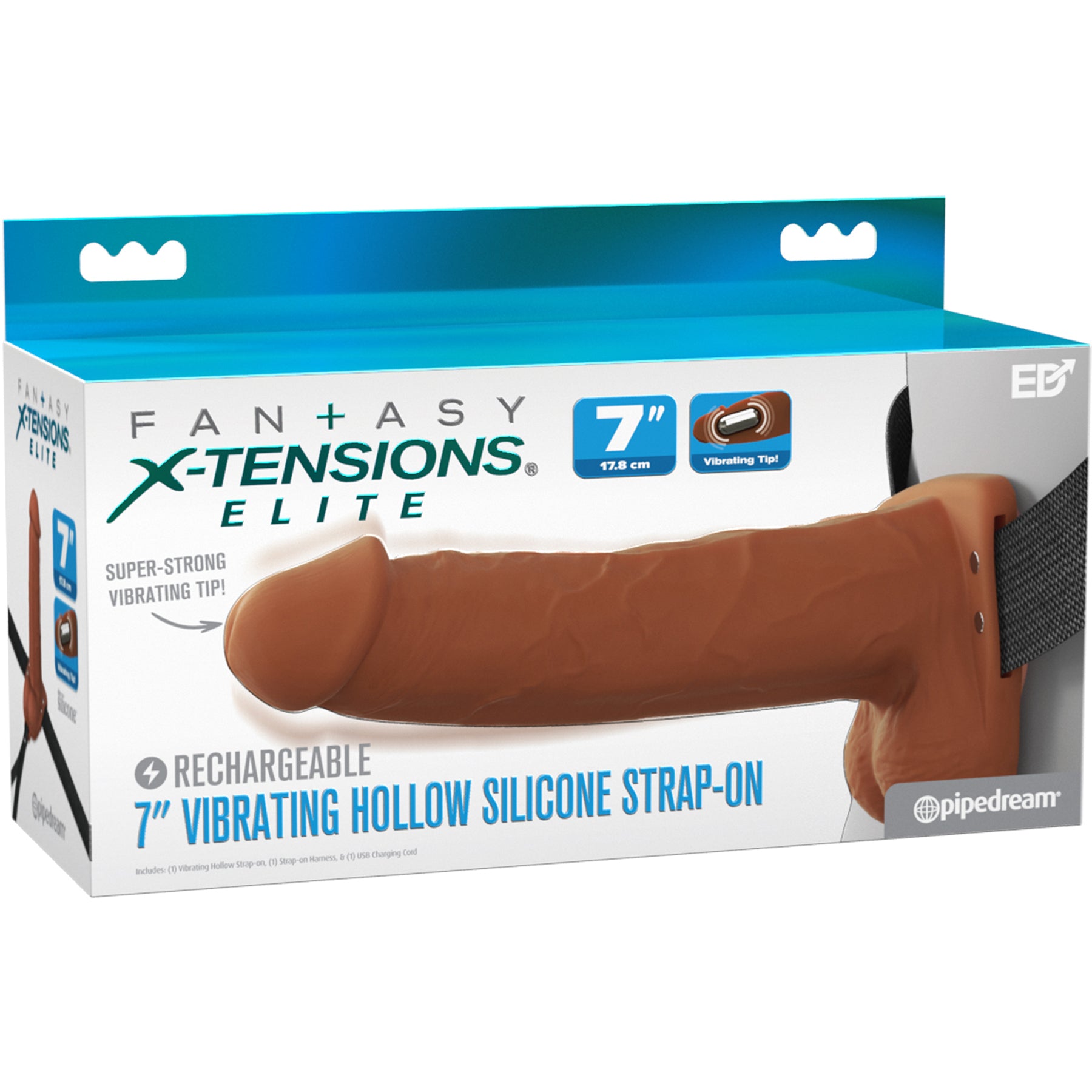 Fantasy X-Tensions Elite Vibrating Silicone Dual Density 7" Hollow Strap-On Dildo - Chocolate