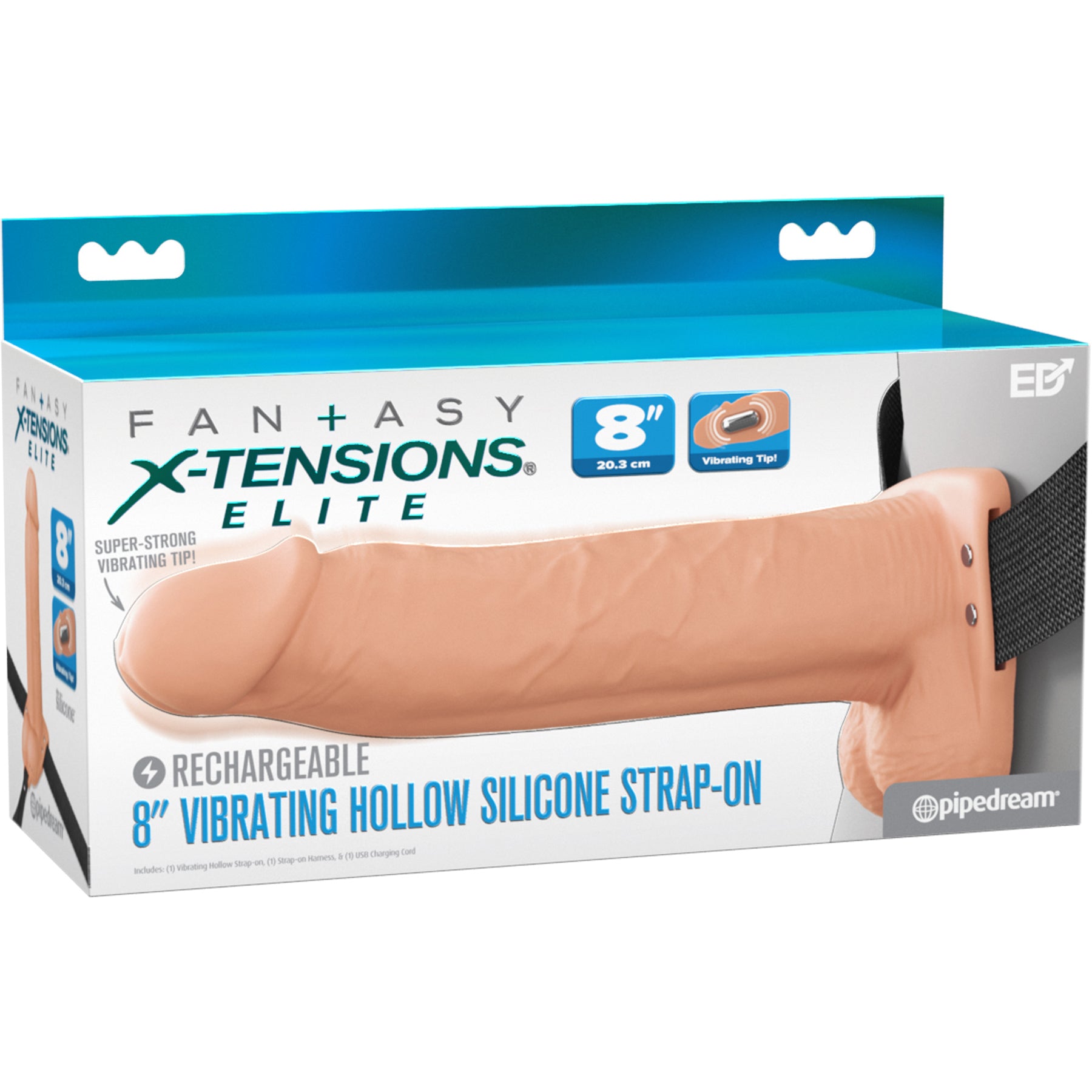 Fantasy X-Tensions Elite Vibrating Silicone Dual Density 8" Hollow Strap-On Dildo - Vanilla