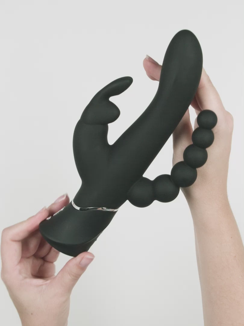 Load video: Reinvent your orgasms with triple the stimulation, thanks to this expertly designed, curved rabbit vibrator. 3 powerful motors are ready to wow you with all-over stimulation and give you the biggest and best blended orgasms possible. Explore peak pleasure with 3 deliriously powerful motors, 9 intense functions in the ears and beads, and 12 powerful speeds and patterns in the shaft. A thick, curved shaft delivers deep G-spot massages while the beaded tickler and rabbit ears satisfy your other pleasure points for incredible blended orgasms. Not only a bedroom buddy, the rabbit's waterproof silicone body means it's shower-friendly and open to a dip in the tub at any time. The ears and beads have 9 combinations while the shaft has 3 speeds and 9 patterns.