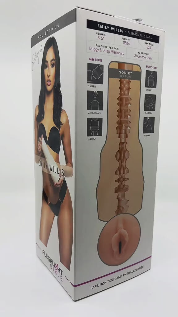 Load video: Squirt is the ultimate pleasure experience from the ultimate glamour girl Emily Willis. Featuring a corkscrew entry point that transitions into a gauntlet of knobs, ridges, and alternating spines, the Emily Willis lady texture is as versatile as the woman herself.