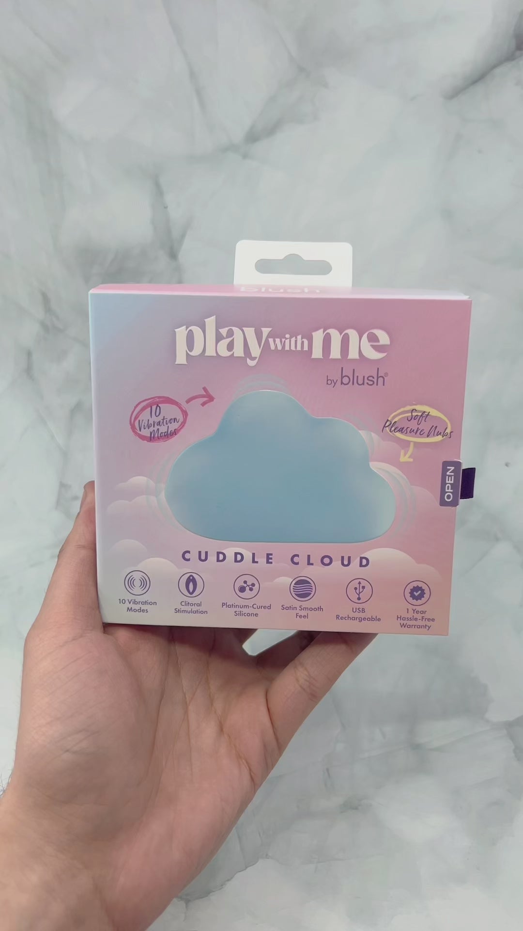 Load video: Cute, squishy, and ready to rumble! This smiley little vibe packs 10 powerful settings into its soft silicone body, bringing cozy comfort to your wind-down routine. Waterproof, rechargeable, and seriously adorable—Cuddle Cloud turns any chill moment into a little burst of joy!