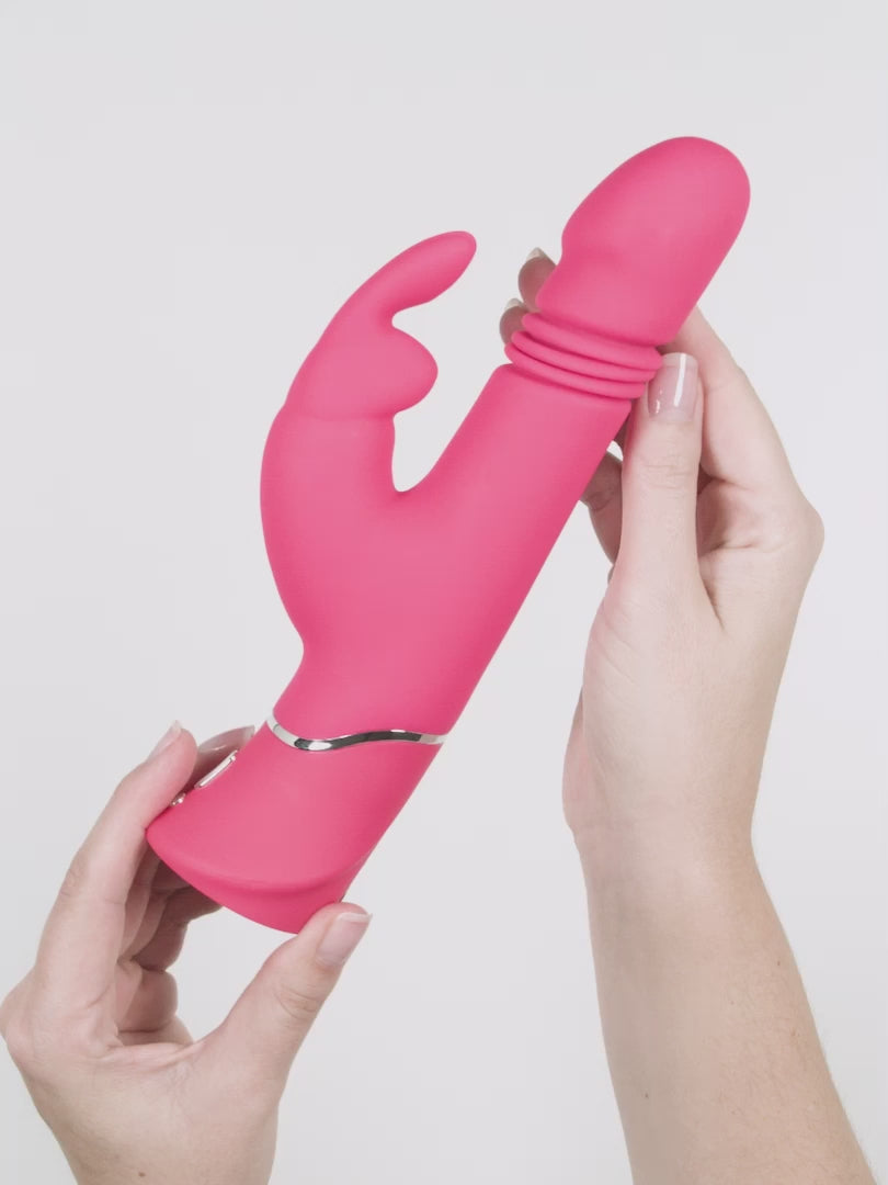 Load video: Indulge in luxuriously lifelike stimulation with this Happy Rabbit® thrusting vibrator. Featuring an extra-pronounced head and thicker, firmer ears for more intense clitoral stimulation -  2 motors send powerful vibrations straight to your sweet spots with a w-hopping 15 different modes, for mind-blowingly blended bliss. Made from velvety-soft, skin-safe silicone, this USB rechargeable rabbit vibrator offers whisper-quiet vibrations for discreet, pleasurable playtimes. It's also fully waterproof and ready to hop into the bath or shower with you for slippery sessions. All you need is a liberal dose of your favorite water-based sex lube for extra slip 'n' slide. The ears have 3 speeds and 9 patterns while the shaft has 3 thrusting speeds.