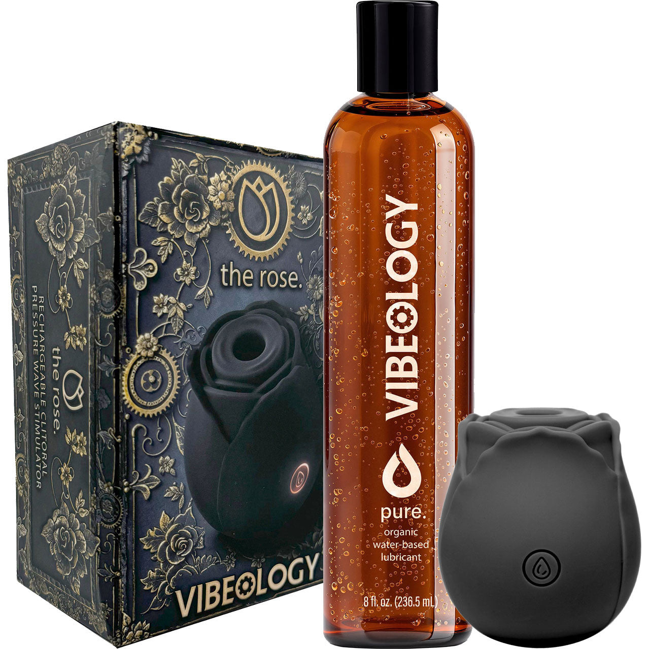 Perfect Pairings - The Rose Clitoral Pressure Wave Stimulator & 8 oz Pure Organic Lubricant By Vibeology